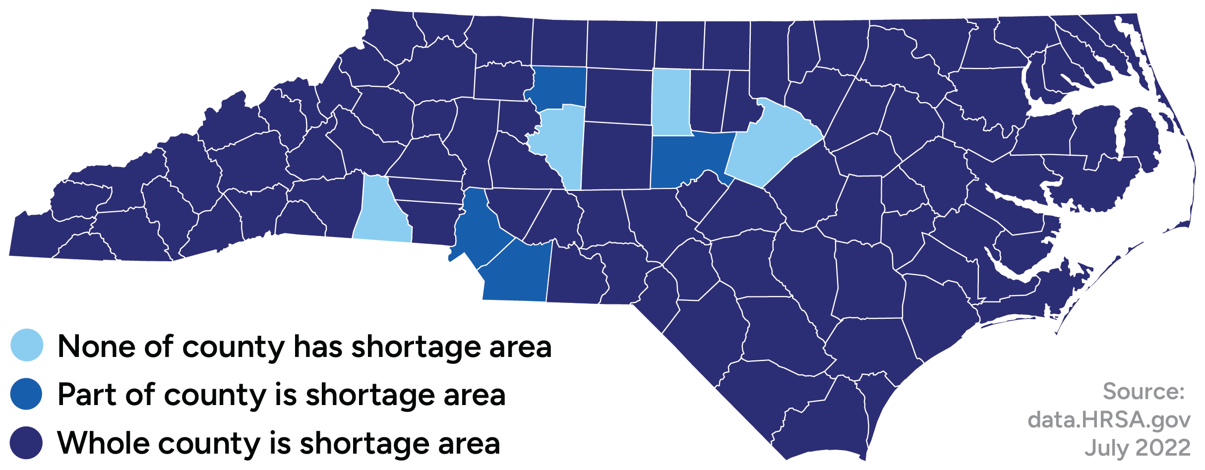 Map of provider shortages in NC by county