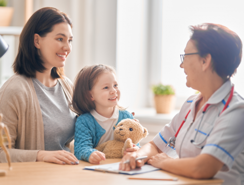 child, mom, and doctor